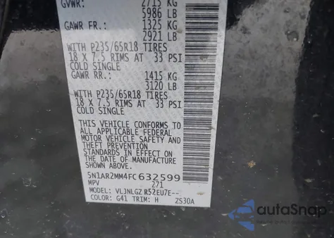 2015 Nissan Pathfinder Sl из США, поврежденный, VIN 5N1AR2MM4FC632599